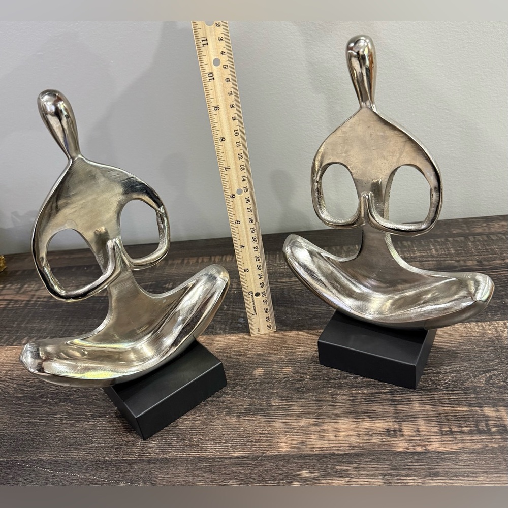 Zen Yoga Arms Down Sculpture Pair Meditation Pose Aluminum Silver Tone Figurine - Picture 10 of 11